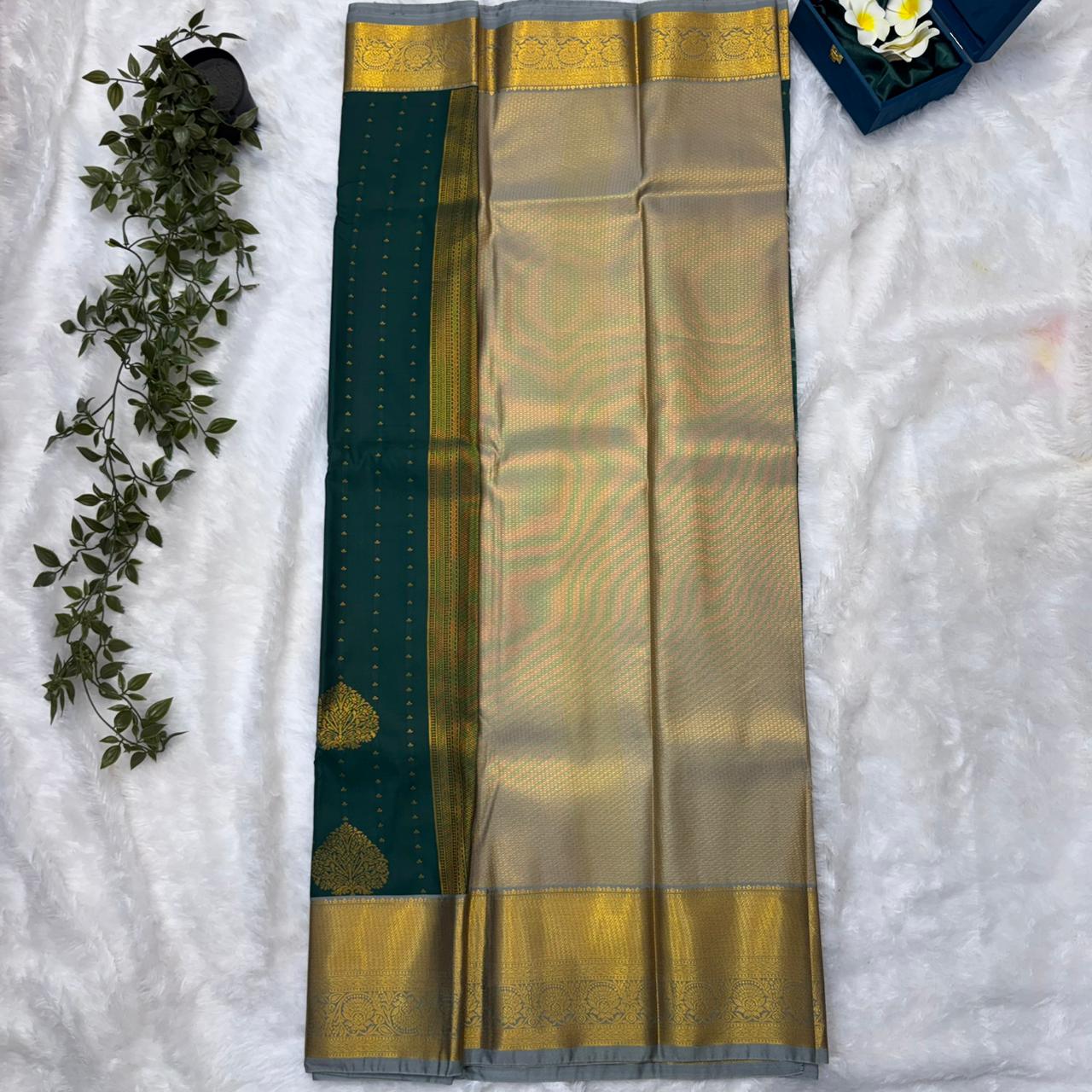 Kanchi Soft Silk Saree in Emerald Green with Grey Borders and Antique Gold Zari