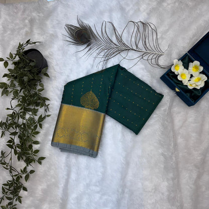 Kanchi Soft Silk Saree in Emerald Green with Grey Borders and Antique Gold Zari