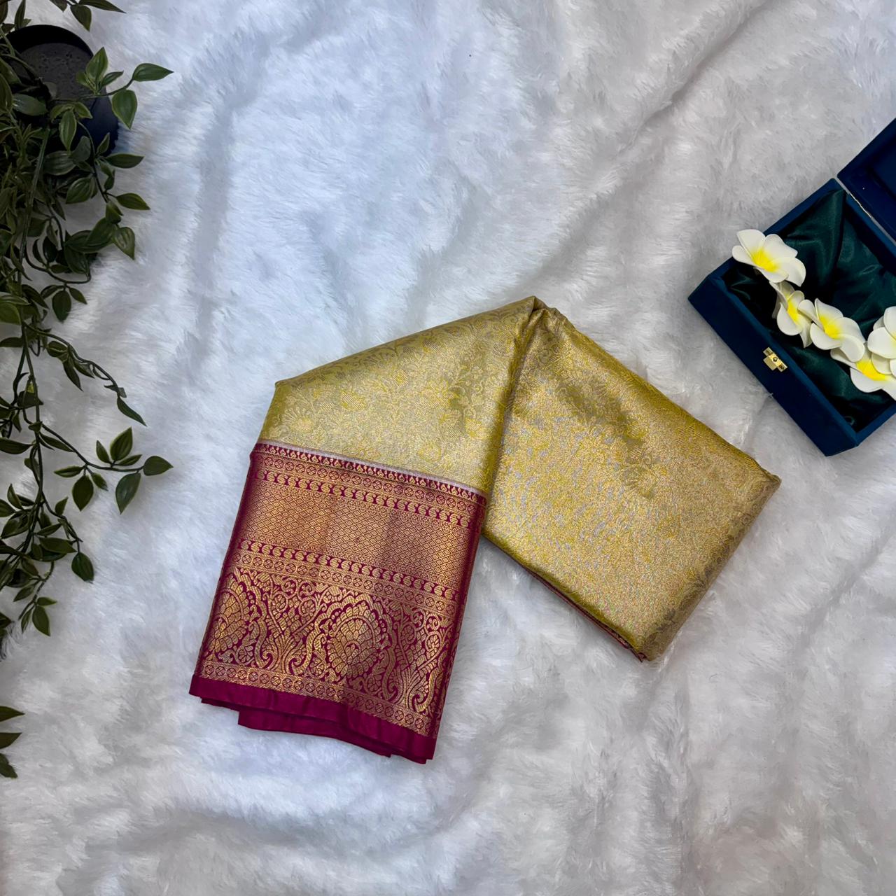 Kanchi Soft Silk Saree in Golden Ivory with Deep Rani Pink Borders and Antique Gold Zari