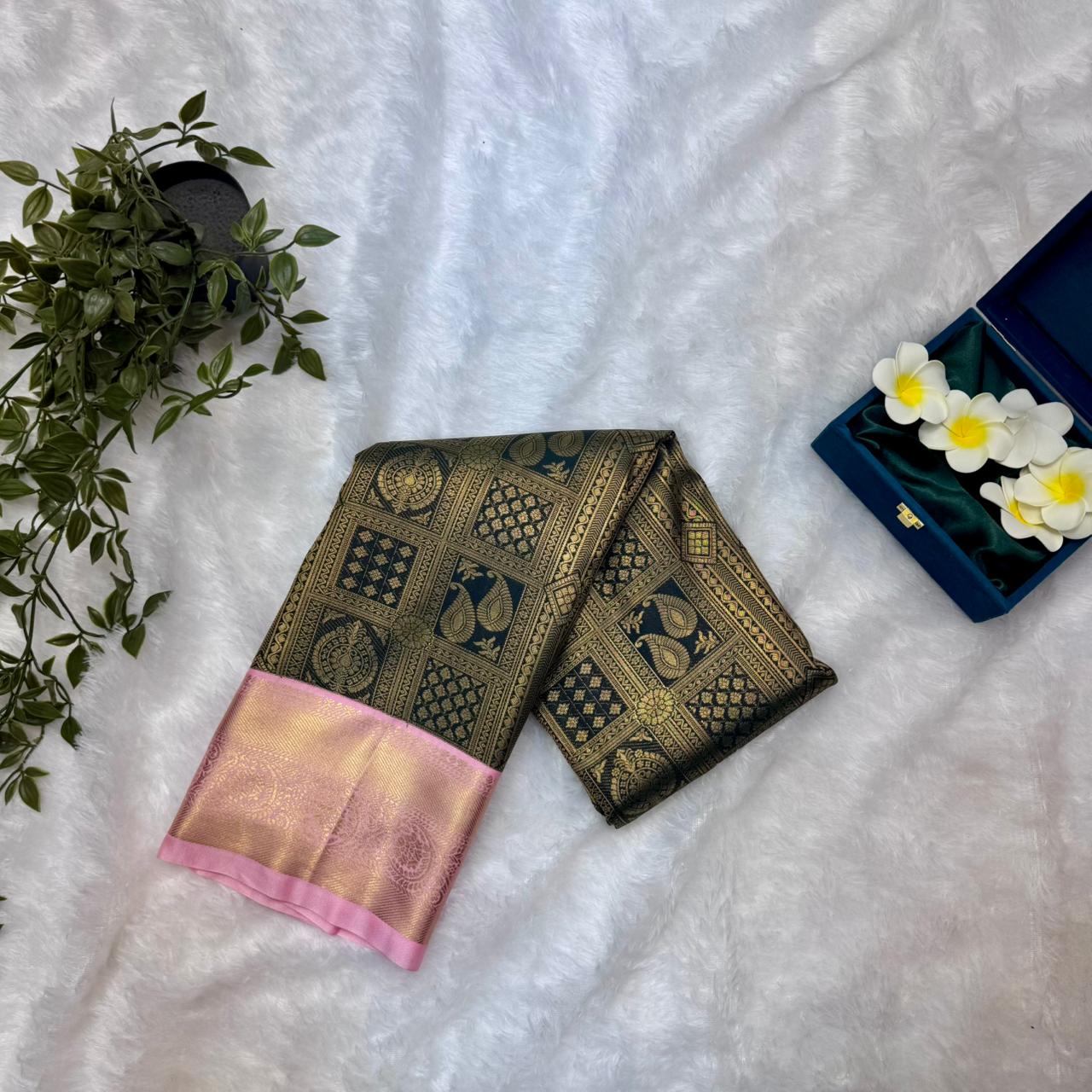 Kanchi Soft Silk Saree in Deep Bottle Green with Blush Pink Borders and Antique Gold Zari