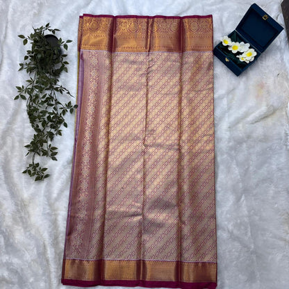 Kanchi Soft Silk Saree in Golden Ivory with Deep Rani Pink Borders and Antique Gold Zari