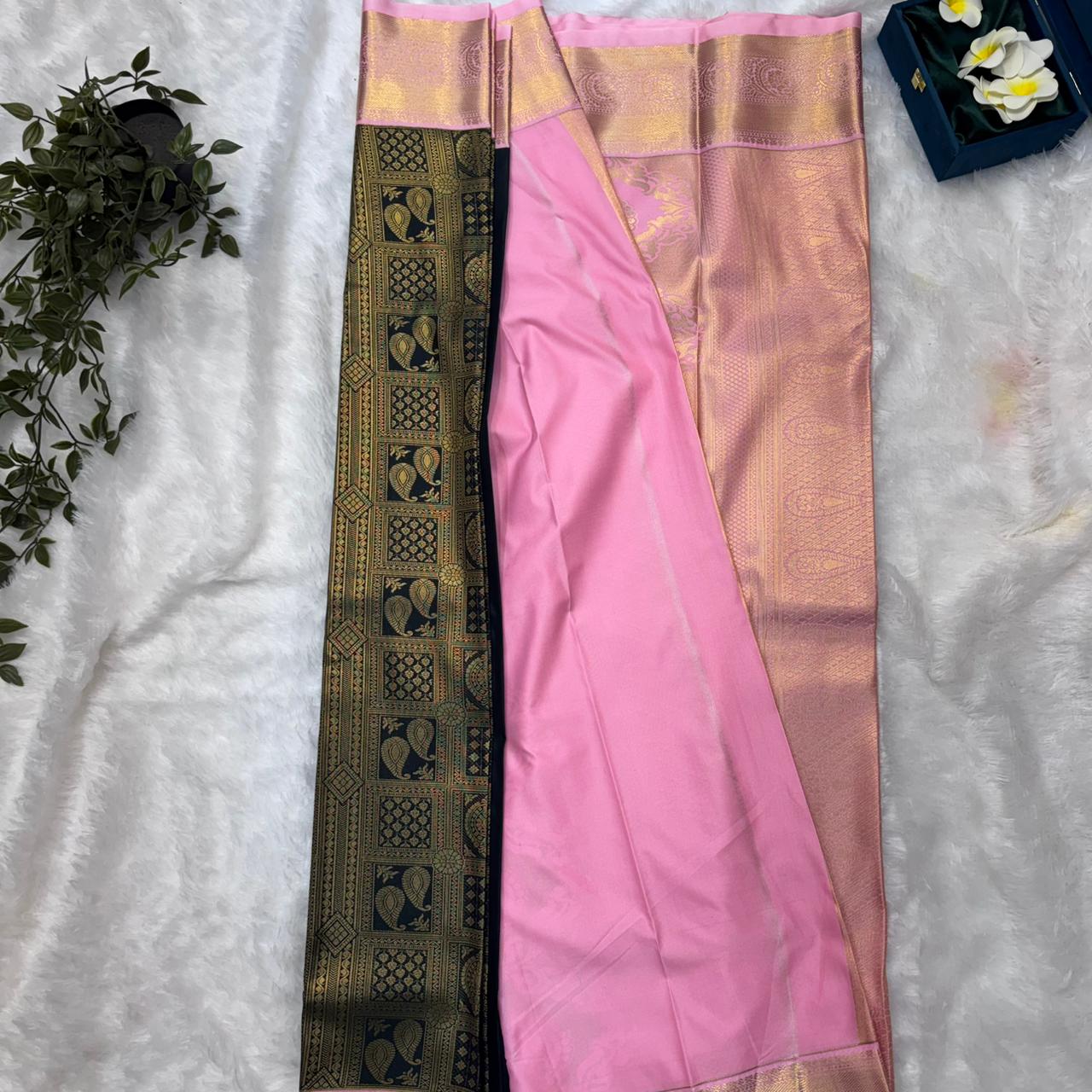 Kanchi Soft Silk Saree in Deep Bottle Green with Blush Pink Borders and Antique Gold Zari