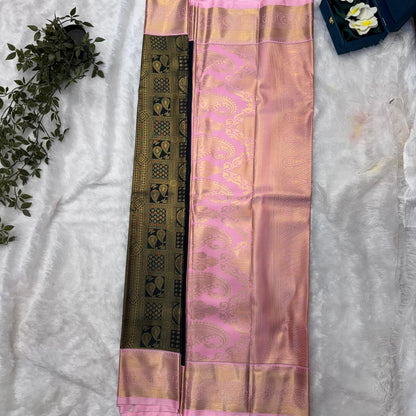 Kanchi Soft Silk Saree in Deep Bottle Green with Blush Pink Borders and Antique Gold Zari