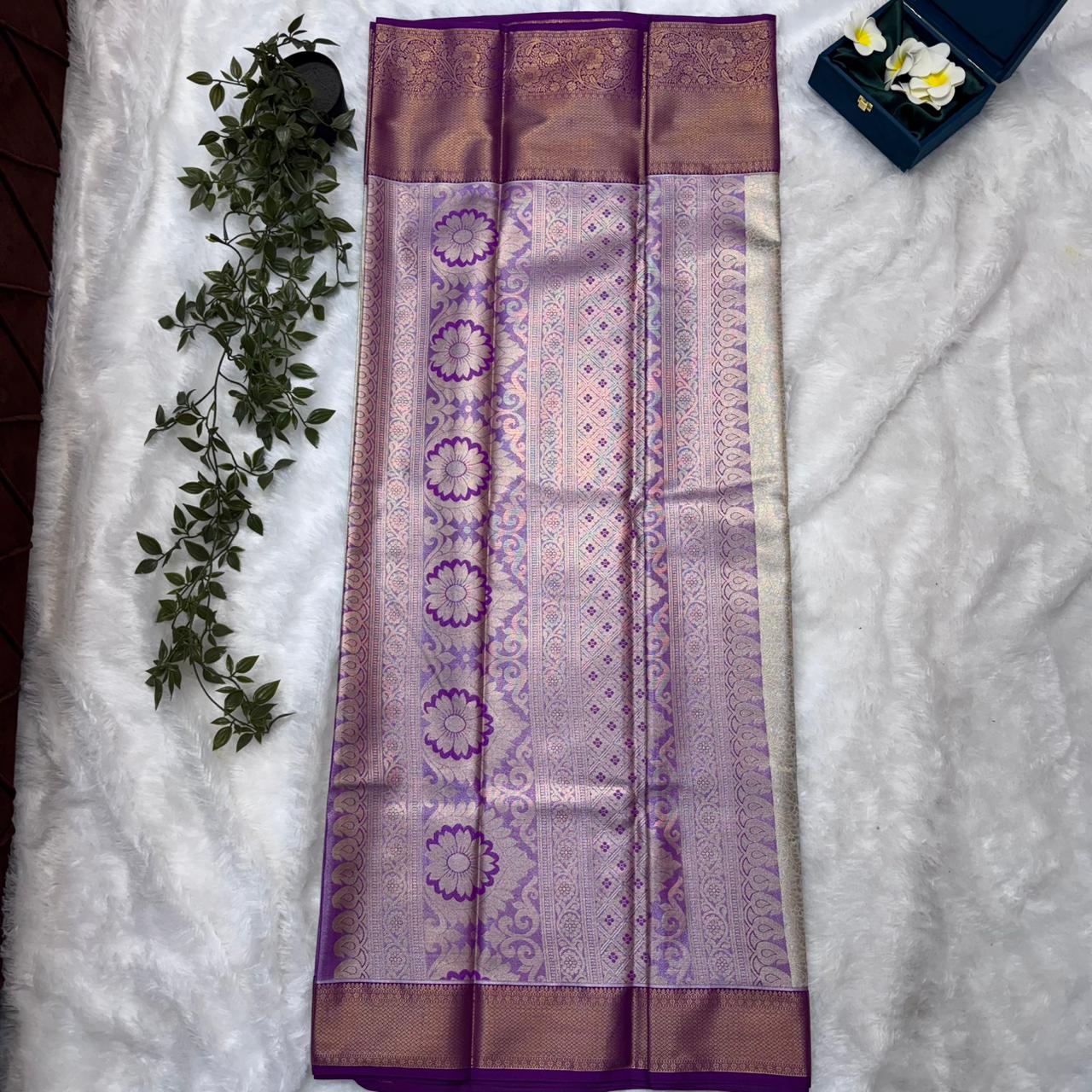 Kanchi Soft Silk Saree in Silver Grey with Royal Purple Borders and Antique Gold Zari