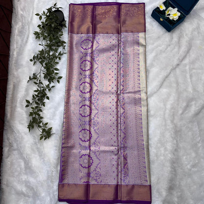 Kanchi Soft Silk Saree in Silver Grey with Royal Purple Borders and Antique Gold Zari