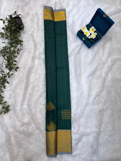 Kanchi Soft Silk Saree in Emerald Green with Grey Borders and Antique Gold Zari