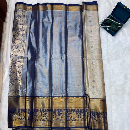Kanchi Soft Silk Saree in Ash grey with Gold Accents and Navy Blue Borders