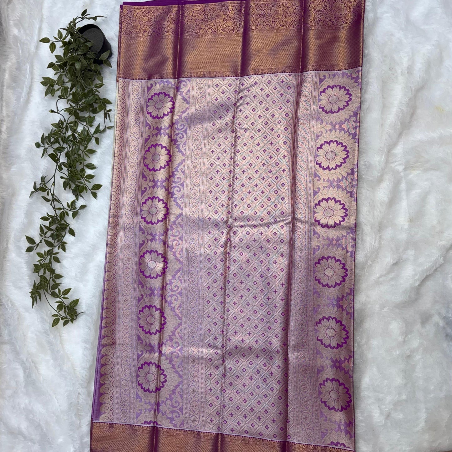 Kanchi Soft Silk Saree in Silver Grey with Royal Purple Borders and Antique Gold Zari