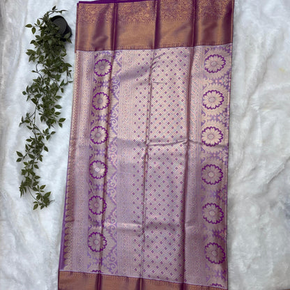 Kanchi Soft Silk Saree in Silver Grey with Royal Purple Borders and Antique Gold Zari